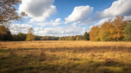 A still autumn meadow with golden grass and scattered leaves, featuring a bright sky offering an ideal empty space for text