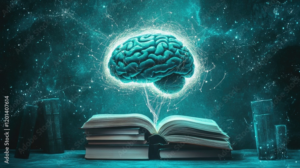 Poster glowing brain emerging from open book knowledge