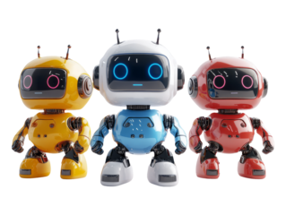 Colorful cartoon robots on transparent background for digital use