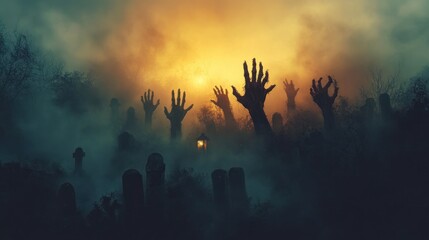 A terrifying scene of multiple zombie hands emerging from graves in a spooky cemetery, shrouded in dense fog and dim lantern light.