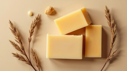 Beautiful pieces of natural organic handmade soap and ingredients on beige background, top view