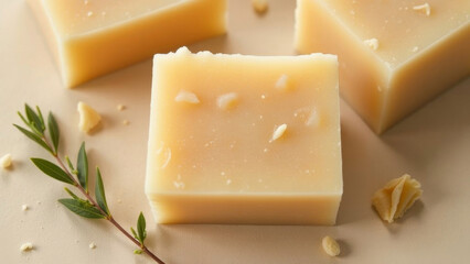 Beautiful pieces of natural organic handmade soap and ingredients on beige background, top view