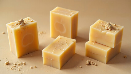 Beautiful pieces of natural organic handmade soap and ingredients on beige background, top view