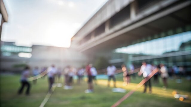 Outdoor Corporate Picnic Blur: A blurred outdoor event with professionals engaging in team-building activities under a sunny sky.
