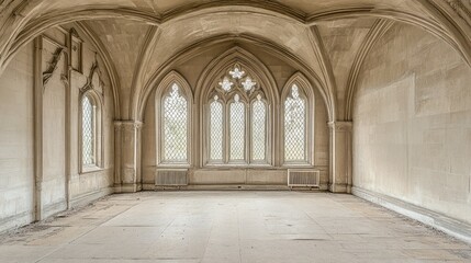 Obraz premium Empty Gothic Room with Arched Windows in Historic Building, Captivating Architectural Details.