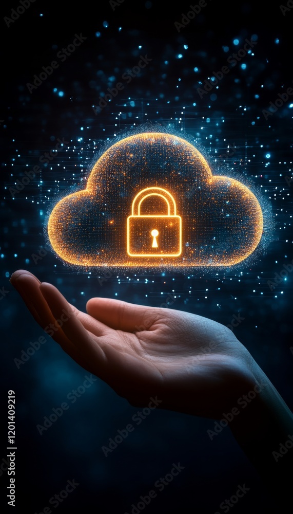 Poster digital cloud security with open hand and padlock, concept of cloud computing, data protection