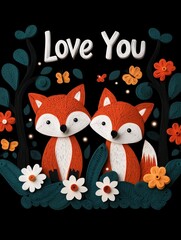 Obraz premium Charming depiction of two foxes with a 'Love You' message framed by flowers and butterflies in a nature setting