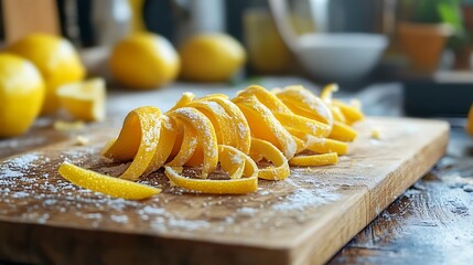On a kitchen board slices of lemon peel is rolled to get ready for decorating