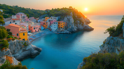 Photography of a tranquil fishing village nestled in a cove, with colorful houses perched along the cliffs and fishing nets drying in the warm sunlight.