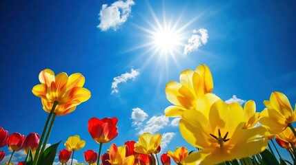 A vibrant tulip field in spring, with yellow and red blooms swaying gently in the breeze under a radiant blue sky