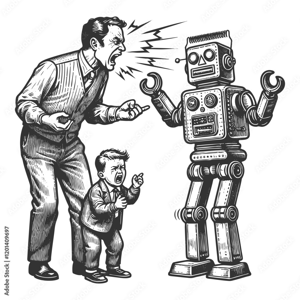 Poster angry man and a child yelling at a retro-style robot, blending humor with a vintage sci-fi theme ske