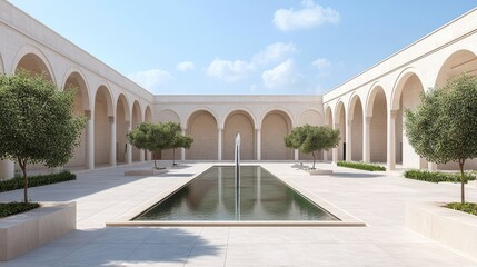 Obraz premium Serene Courtyard With Arched Columns And Reflecting Pool