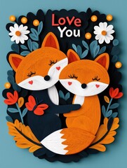 Fototapeta premium Endearing illustration of a pair of foxes sharing a loving moment with the 'Love You' message surrounded by vibrant flowers