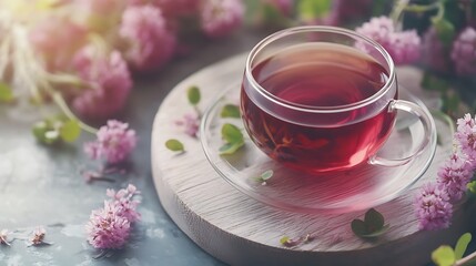 Fototapeta premium Red clover herbal tea in tea cup on white wood board background herbal medicinal tea in glass with fresh flower blossoms isolated on a colorful background