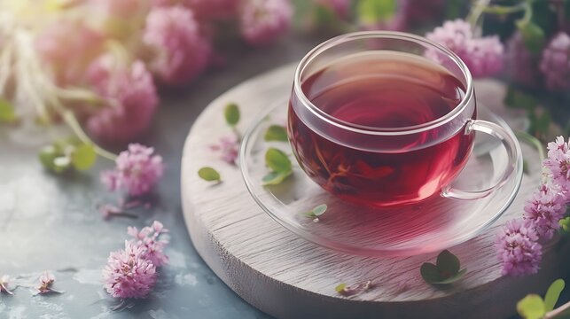 Red clover herbal tea in tea cup on white wood board background herbal medicinal tea in glass with fresh flower blossoms isolated on a colorful background