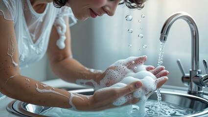 A young woman washes her wet hands with soap under a running faucet in the bathroom for hygiene