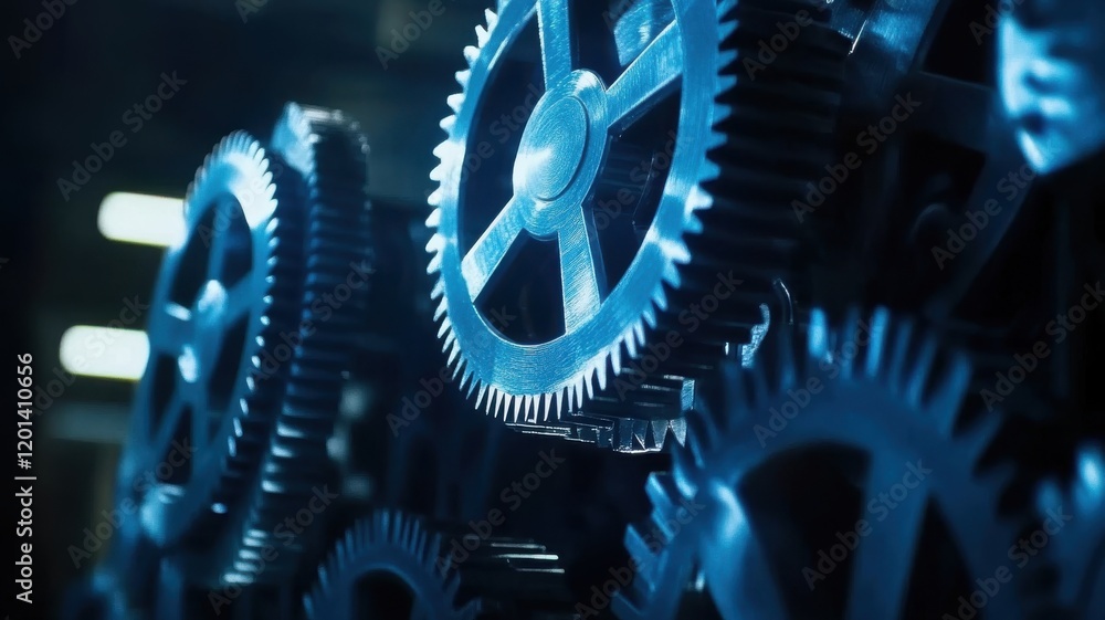 Poster complex arrangement of blue gears in a mechanical workshop illuminated by soft light