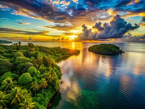Papua New Guinea Sunset: Double Exposure of Morobe Province's Tropical Coastline and Solomon Sea Reflections