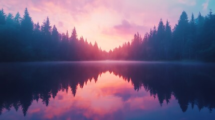 Fototapeta premium Sunset over a tranquil forest lake