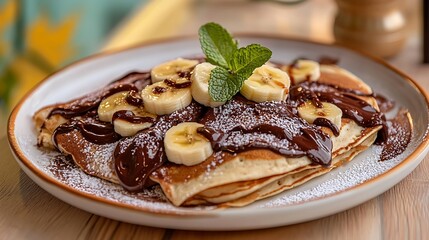 Tasty pancakes with chocolate spread sliced banana and mint on white wooden table isolated on a colorful background