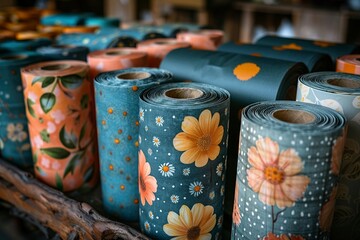 Rolls of printed packaging material stacked in a vibrant industrial setting, representing modern manufacturing and creative product design.