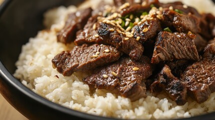 Close-up of rice with spicy Korean barbecue beef. Featuring tender beef marinated in Korean spices, grilled, and served over rice. Emphasizing a spicy, savory dish. Ideal for Korean barbecue recipes.