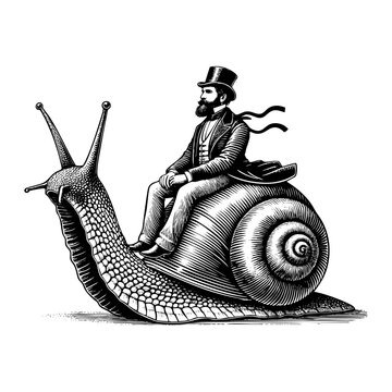 recommend clip art: Gentleman riding snail sketch engraving black and white outline. Scratch board imitation.