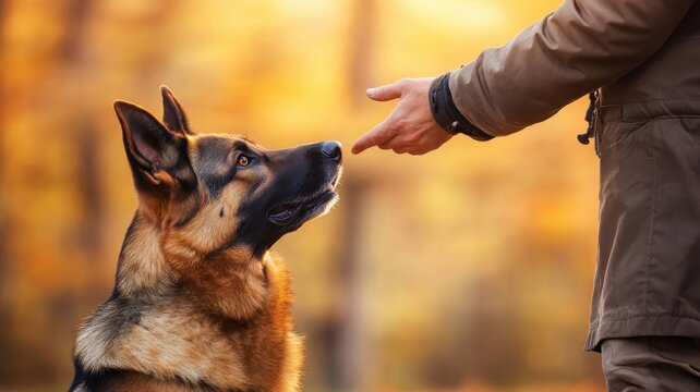 Dog training session in a park during autumn with a handler guiding a German shepherd - Powered by Adobe