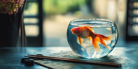 Goldfish Swimming in a Bowl on a Table
