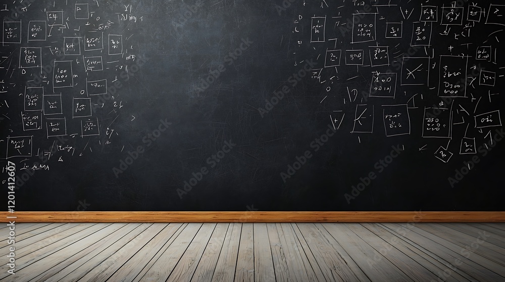 Poster a blackboard covered with handwritten examples of matrix operations