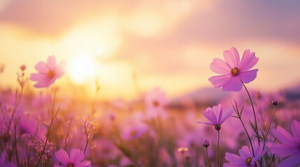 Fototapeta premium Vibrant flowers against a stunning sunset backdrop