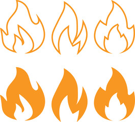 Minimalist flame icons, black and white fire symbols, simple vector graphics, outline and solid flame shapes, clean linework, set of six flames, symmetrical design