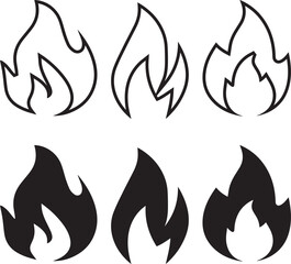 Minimalist flame icons, black and white fire symbols, simple vector graphics, outline and solid flame shapes, clean linework, set of six flames, symmetrical design