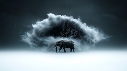 Elephant walking under cloudy tree, night scene, surreal art, conservation