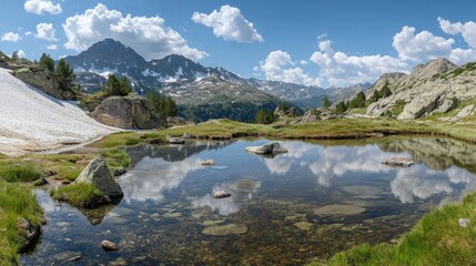 Fototapeta premium Scenic Mountain Lake Reflection with Snow Patches and Rock Formations in a Beautiful Landscape