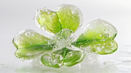 Green four leaf clover in ice,white background,Patricks day watercolor clipart,Spring flower pattern,Many shamrock plants,the Irish happy background.
