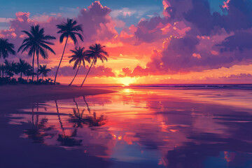 Pink clouds over a serene beachscape