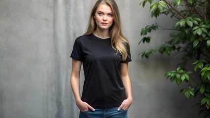 Fototapeta premium Woman in a black t-shirt standing against a textured wall.
