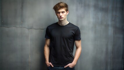 Obraz premium Young man in black t-shirt against a textured gray background. Serious expression, hands in pockets.