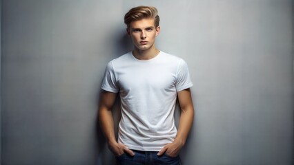 Obraz premium Young man in a white t-shirt, posing against a gray background. Clean and simple portrait.