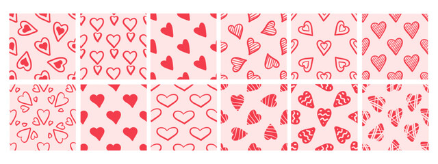 Set of seamless patterns with red hearts on pink background in doodle style