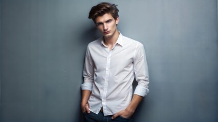 Obraz premium Portrait of a young man in a white shirt, hands in pockets, against a gray background. A confident and stylish look.