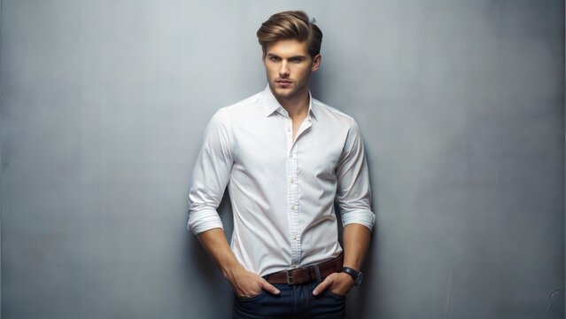 Confident man in a crisp white shirt, hands in pockets, against a gray background.  A portrait showcasing style and modern masculinity.