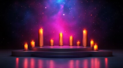 Lit Candles on a Stage with a Cosmic Background