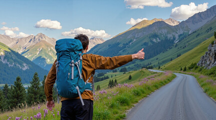 Naklejka premium Mountain walks, backpacking trips through the Alps in spring.