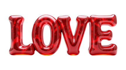 Glossy red LOVE text with a vibrant texture, placed on a white background. A creative concept for love, romance, and affection. Valentine's day, wedding concept.