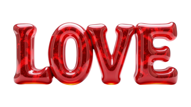 Glossy red LOVE text with a vibrant texture, placed on a white background. A creative concept for love, romance, and affection. Valentine's day, wedding concept.
