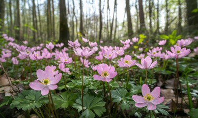 Obraz premium a cluster of pink flowers blooming in the forest, magical blooms, vibrant colors, woodland atmosphere, natural setting