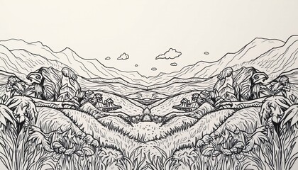 Fototapeta premium Hand-drawn valley with trees and mountains
