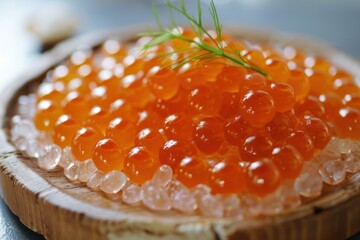 Close up of fresh salmon roe, or red caviar, served on a bed of ice with a sprig of dill, presented on a rustic wooden plate